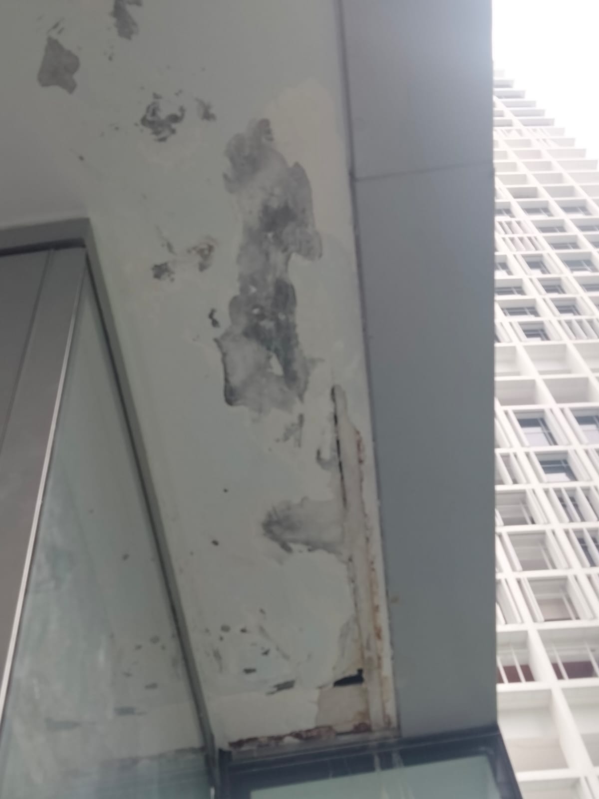 Facade repair works in progress on an external wall showing crack treatment before recoating